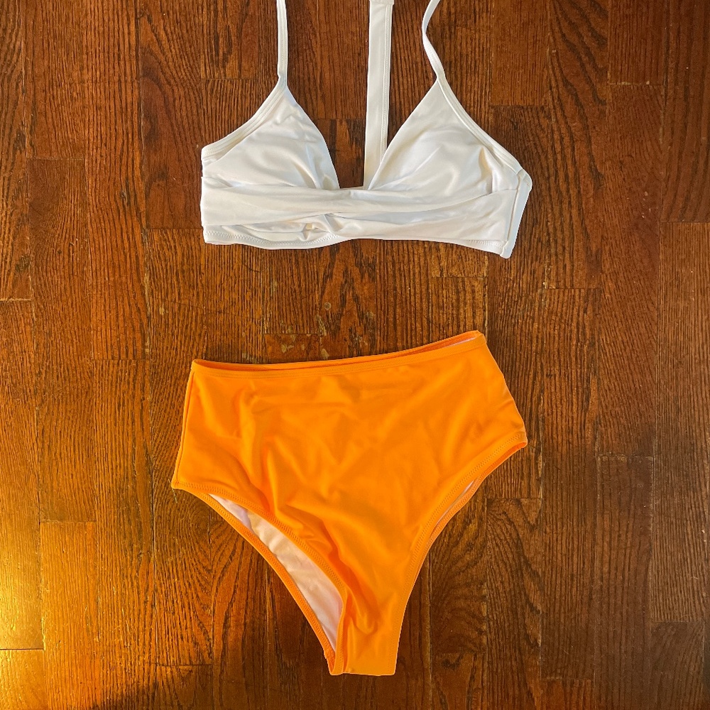 Solid White Bikini with High Waisted Bottom